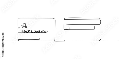 Bank card with a chip front and back, credit card one line art. Continuous line drawing of bank, money, finance, financial, payment, data, savings, economic, wealth, credit