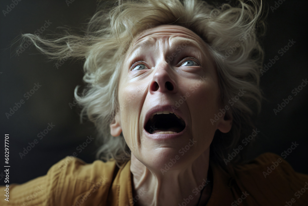 Portrait of a middle aged woman emotional reaction with messy hair. Generative AI Portrait of a middle aged woman emotional reaction with messy hair. Generative AI