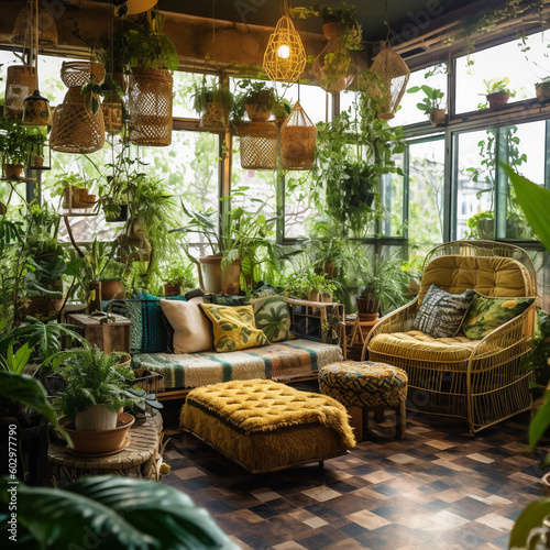 Enchanted Oasis: AI-Generated Urban Indoor Greenhouses with Boho Bliss