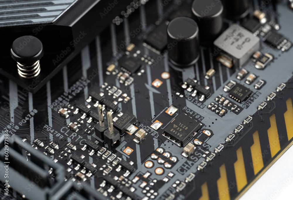 Fotografia do Stock Macro shot of VRM MOSFETs and Capacitor (Voltage