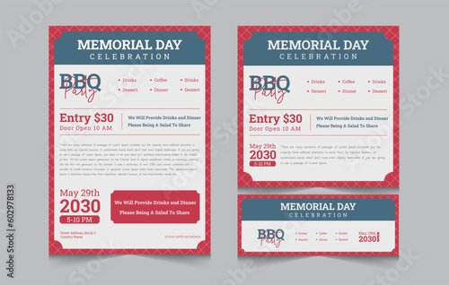 Set of banner for memorial day bbq party invitation, memorial day barbeque invitation, flyer and facebook cover vector illustration eps 10