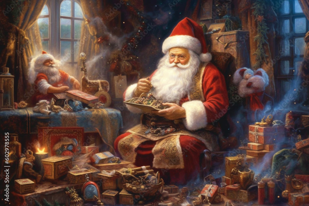 Santa Claus is packing Christmas gifts sitting in his house near the Christmas tree. Christmas card. Congratulations on holidays. Generated AI 