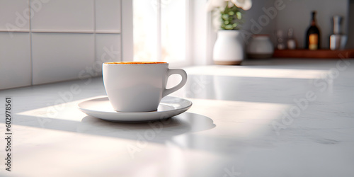 Wallpaper Mural Morning homemade coffee cup on kitchen table. White furniture light cup indoors nobody photo. Generative AI Torontodigital.ca