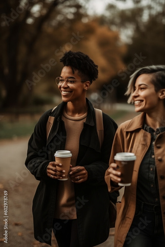 two women walking at the park holding coffee created with generative AI