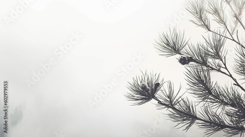 Close up of evergreen branch on a white wall. Abstract nature concept blurred background. Space for text. Overlay effect for photo, posters, stationary, wall art, design.  Generative AI