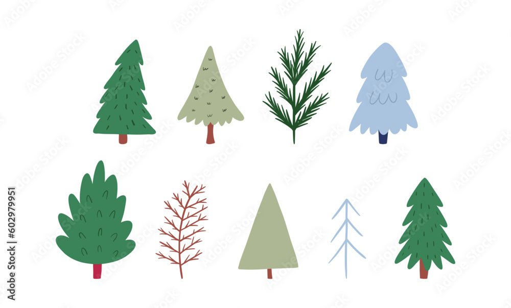 Fir trees set, cute hand drawn flat vector illustration isolated on white background. Various cartoon trees. Concepts of forest, nature, woods and Christmas winter holiday. Fir trees set, cute hand drawn flat vector illustration isolated on white background. Various cartoon trees. Concepts of forest, nature, woods and Christmas winter holiday.