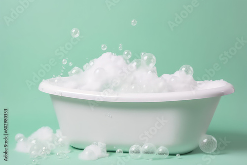 Classic white bathtub with soap foam and bubbles isolated on flat pastel green background with copy space. Generative AI professional photo imitation. Minimal style. photo
