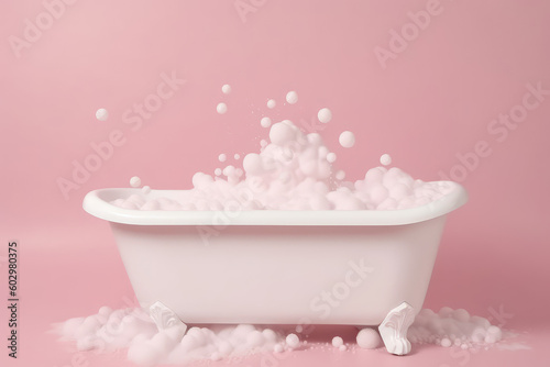 Classic white bathtub with soap foam and bubbles isolated on flat pastel pink background with copy space. Generative AI professional photo imitation. Minimal concept.
