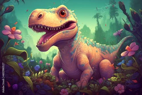 Playful and Vibrant Digital Art: Hilarious Allosaurus Dinosaur Comic Illustration AI generated © artefacti