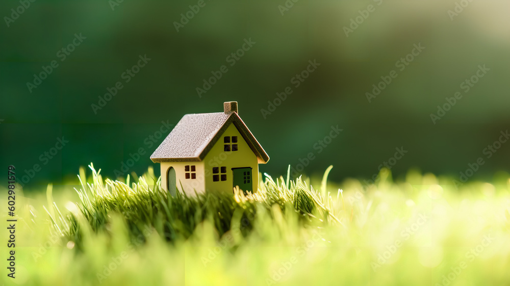 Architectural Vision: Wooden House Model Displayed on a Serene Grass Surface Architectural Vision: Wooden House Model Displayed on a Serene Grass Surface