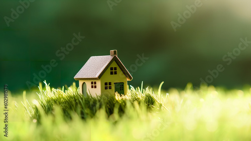 Architectural Vision: Wooden House Model Displayed on a Serene Grass Surface