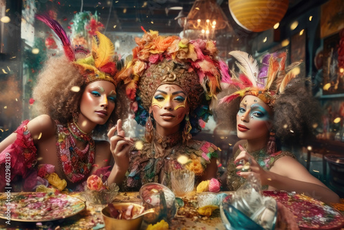 Carnival Extravaganza: Close-Up of Three Alluring Latin American Women Adorned in Colorful Headdresses and Carnival Costumes, Enveloped by Diamond Dust Glitter and Confetti at a Table. Generative AI