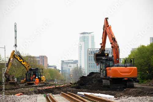 rail track construction, team work on railway