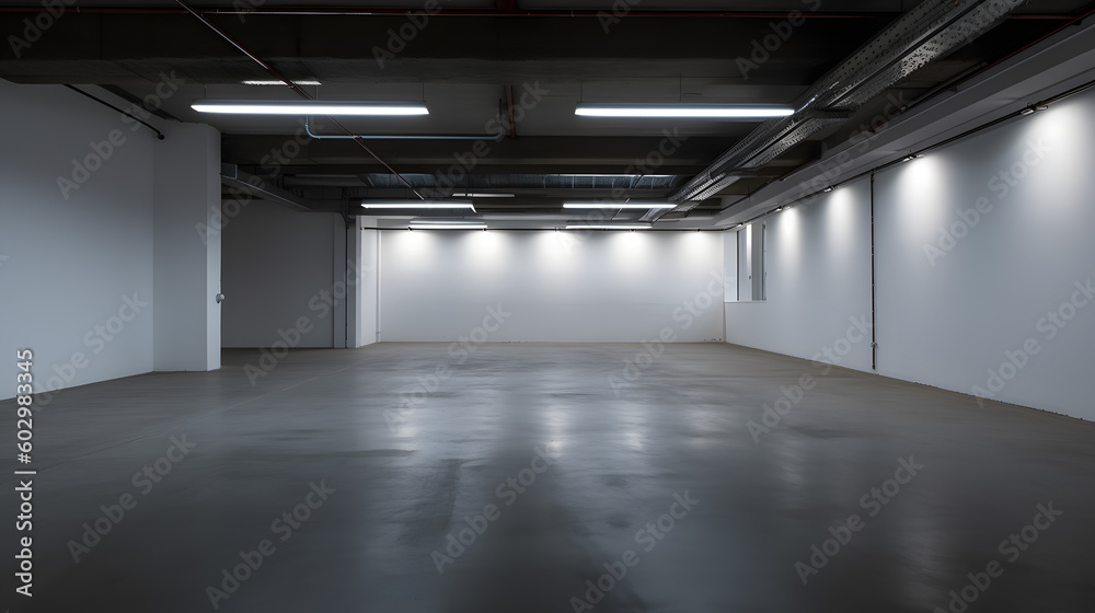 Interior of an empty warehouse. Generative AI