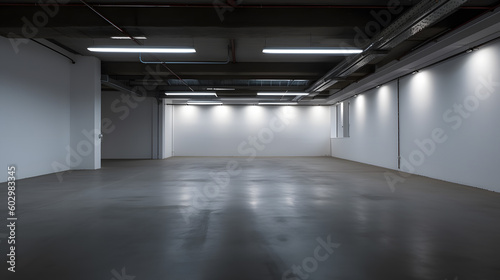 Interior of an empty warehouse. Generative AI