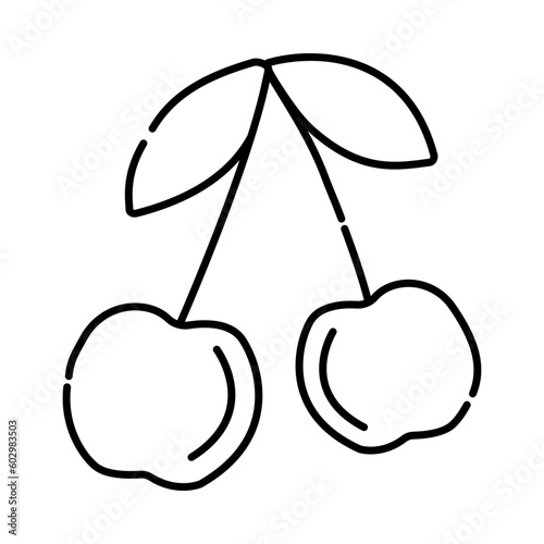 Two cherries black and white vector line illustration