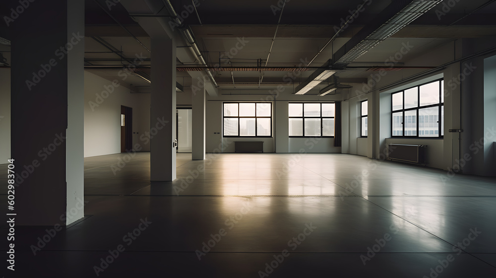 Empty warehouse interior with large windows and floor. Generative AI