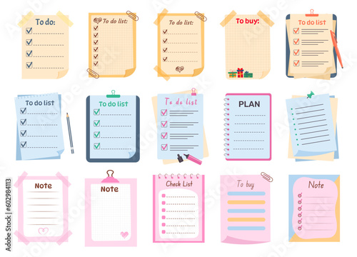 Set of cute memo paper sheets, sticky note, reminder, to do list, to buy list, schedule. Templates for notebooks, planners.