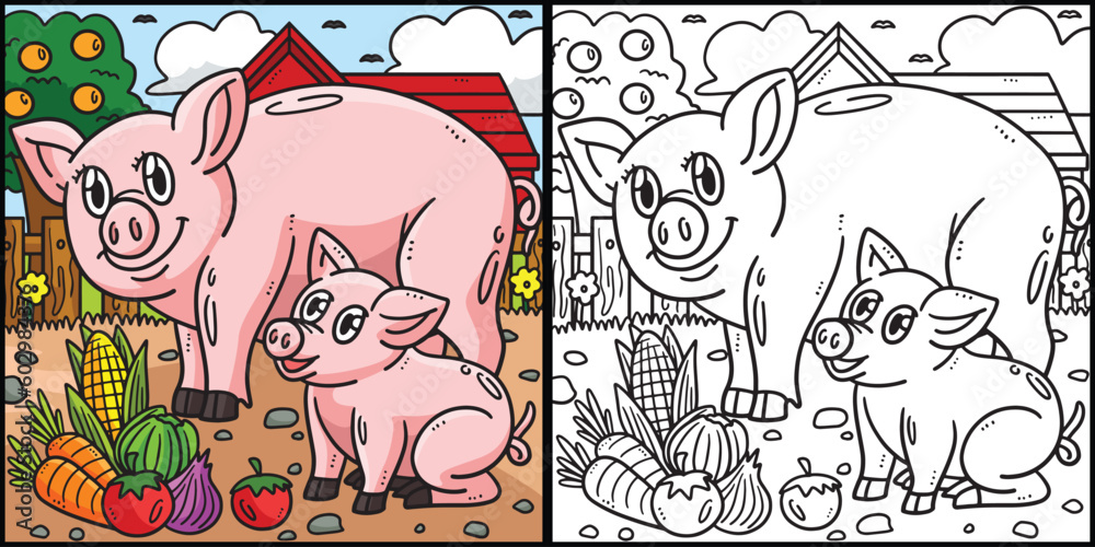 Mother Pig and Piglet Coloring Page Illustration