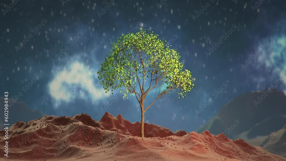 Tree on red planet Mars. 3D render animation