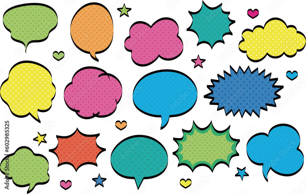 Set of decorative speech bubbles with additional signs in various colors and shapes, vector illustration.