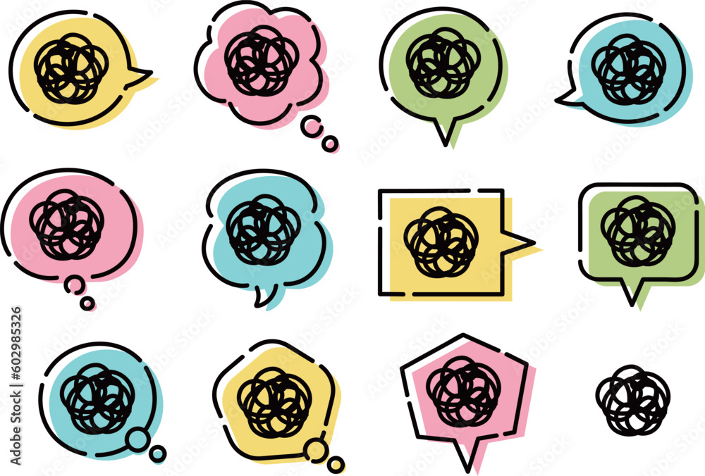 Set of colorful hand-drawn speech bubbles with dizzy signs for a comic design, vector illustration. Set of colorful hand-drawn speech bubbles with dizzy signs for a comic design, vector illustration.