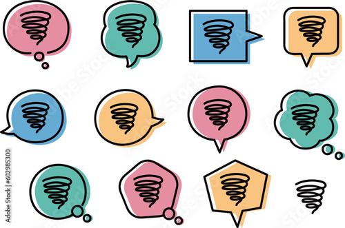Set of colorful hand-drawn speech bubbles with dizzy spiral signs for a comic design, vector illustration.