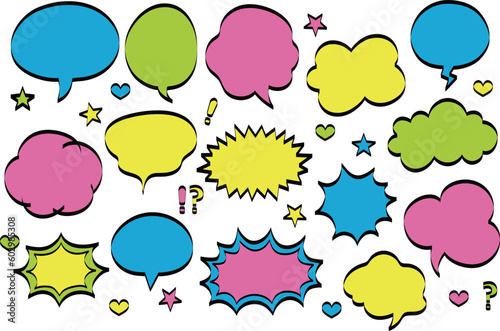 Set of colorful speech bubbles and additional signs in various colors and sizes, vector illustration.