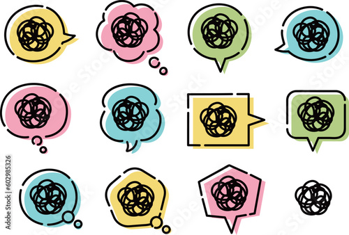 Set of colorful hand-drawn speech bubbles with dizzy signs for a comic design, vector illustration.