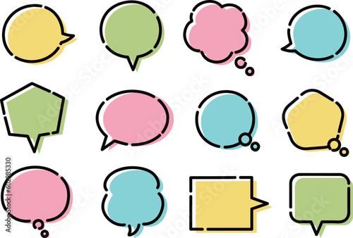 Set of pastel speech bubbles in various colors and shapes, vector illustration.