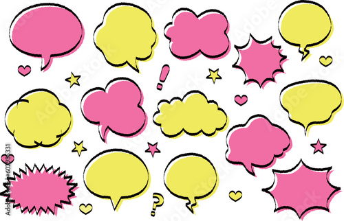 Set of yellow and pink speech bubbles in various shapes, vector illustration.