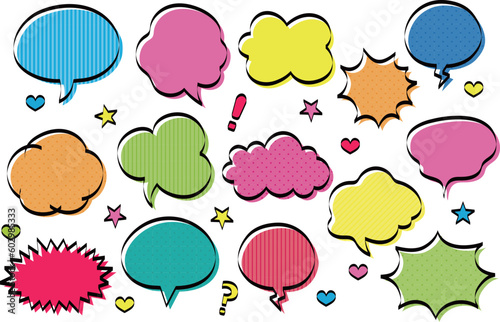 Set of happy speech bubbles and additional signs in various colors and sizes. Vector illustration.