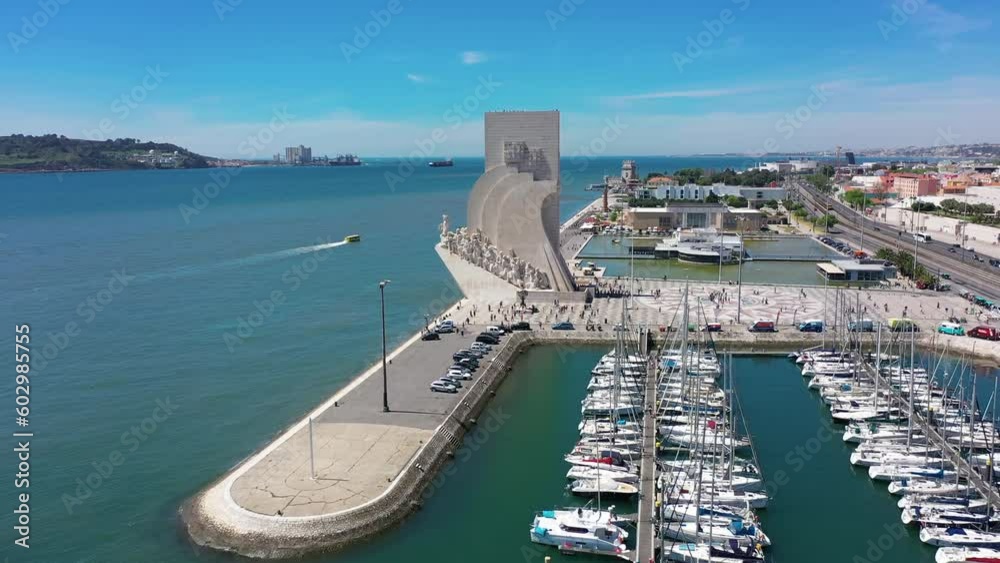 Aerial video of Padrao dos Descobrimentos Lisbon Portugal