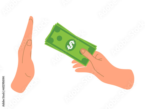 Anti corruption scene with illegal bribe money transfer tiny person concept. Refuse or reject offer. Businessman giving a bribe. Refuses to accept a bribe or make a corrupt deal. flat vector