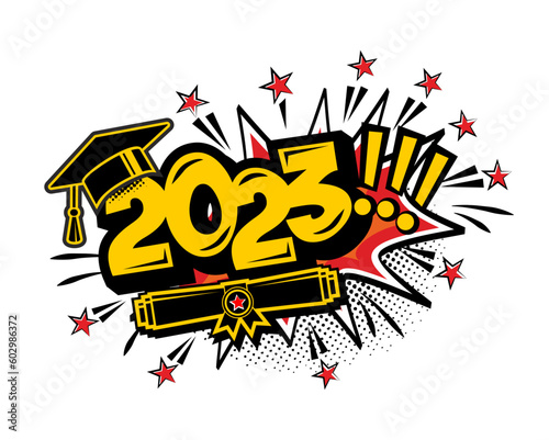 2023 class graduate header. Decorate congratulation for school graduates in comic cartoon style. Vector on transparent background