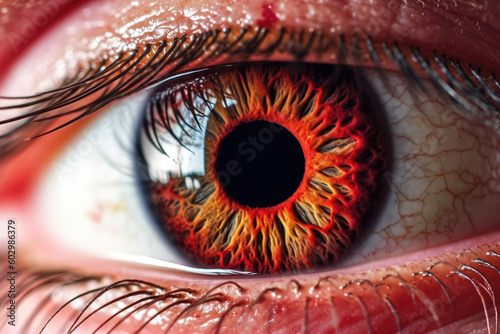 Closeup macro shot of red heterochromia eye iris pupil, hyper detailed, ai generated