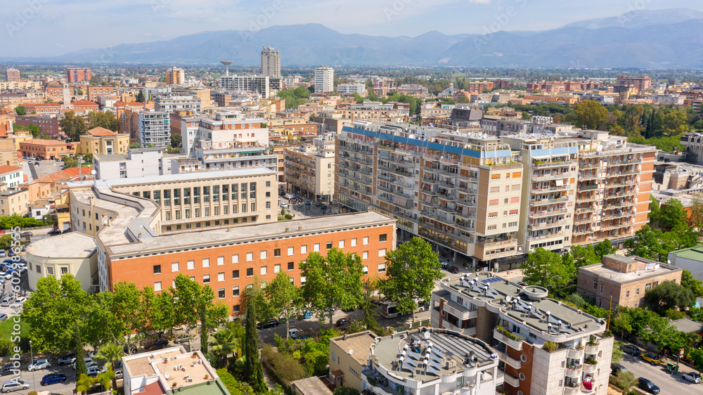 Aerial view of Palazzo Emme in Latina, Lazio, Italy. The building has the shape of an M like Mussolini's initial. It is a symbol of the rationalist italian architecture of the fascist period.