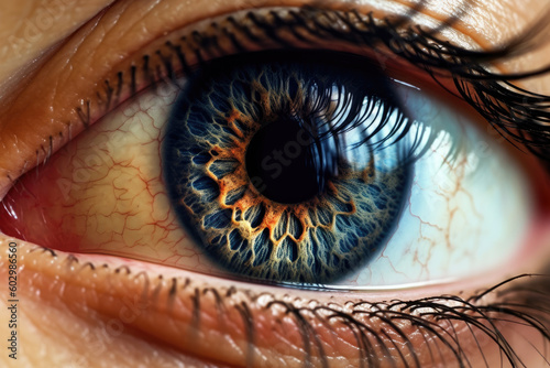 Closeup macro shot of yellow brown, green and blue heterochromia eye iris pupil, hyper detailed, ai generated