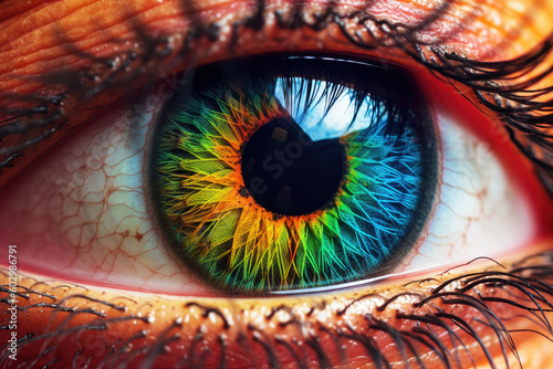 Closeup macro shot of yellow, green and blue heterochromia eye iris pupil, hyper detailed, ai generated © MBL