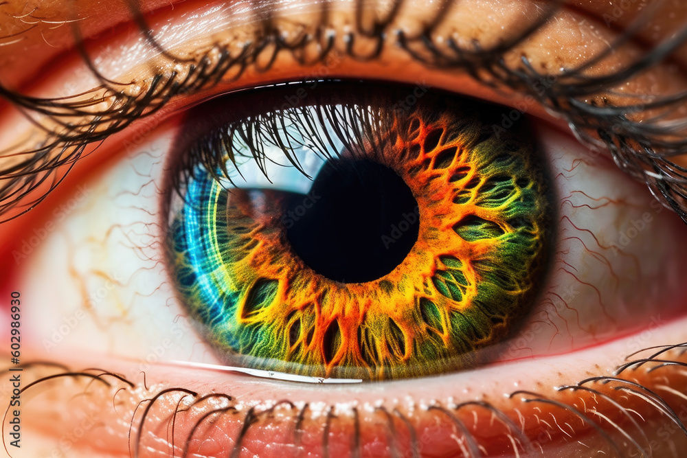 Closeup macro shot of yellow, green and blue heterochromia eye iris pupil, hyper detailed, ai generated