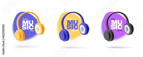 3d set of color wireless headphones, with spots of color. Elements for the design of music songs, albums, tracks. World Music Day.