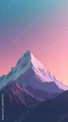 A serene and minimalist image of a single mountain peak against a blue and purple gradient sky. The subtle texture adds depth and sharp details create a high-quality image.