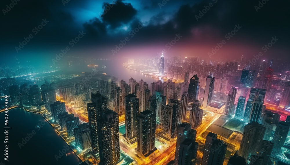 Illuminated skyscrapers glow in the crowded city generated by AI