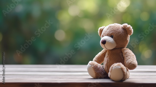 Cute teddy bear on bench in the park. Lost children's toy. Empty space banner size