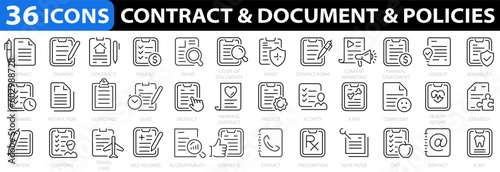 Business contract 36 icon set. Document icons. Insurance policies collection. Paper with pencil. Vector illustration.