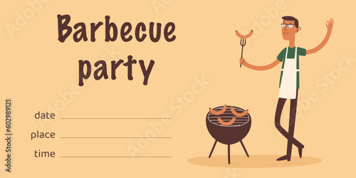 Barbecue party invitation design template. Retro cartoon style. Happy man cooking sausages on a grill. Vector illustration.