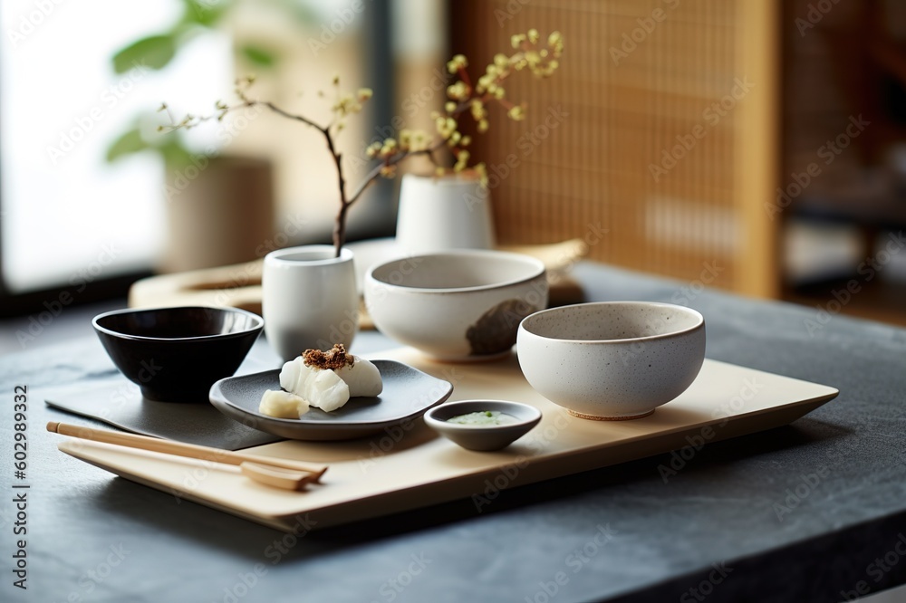 Obraz premium Modern asian tableware on the dining bar table. Japanese modern style sushi bar mes en place - Generative AI