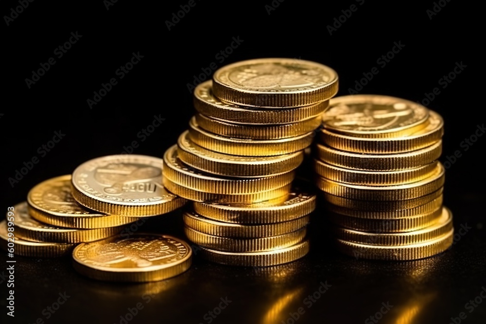 stacks of golden coins isolated on black background with copy space - Generative AI stacks of golden coins isolated on black background with copy space - Generative AI