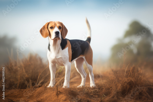 Beautiful Beagle dog outdoors against autumn field background. Generative AI. 