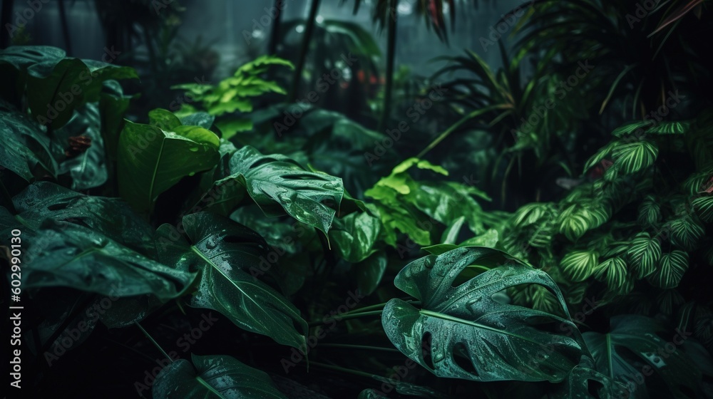 Dark green leaves of a tropical plant in the jungle. Generative AI
